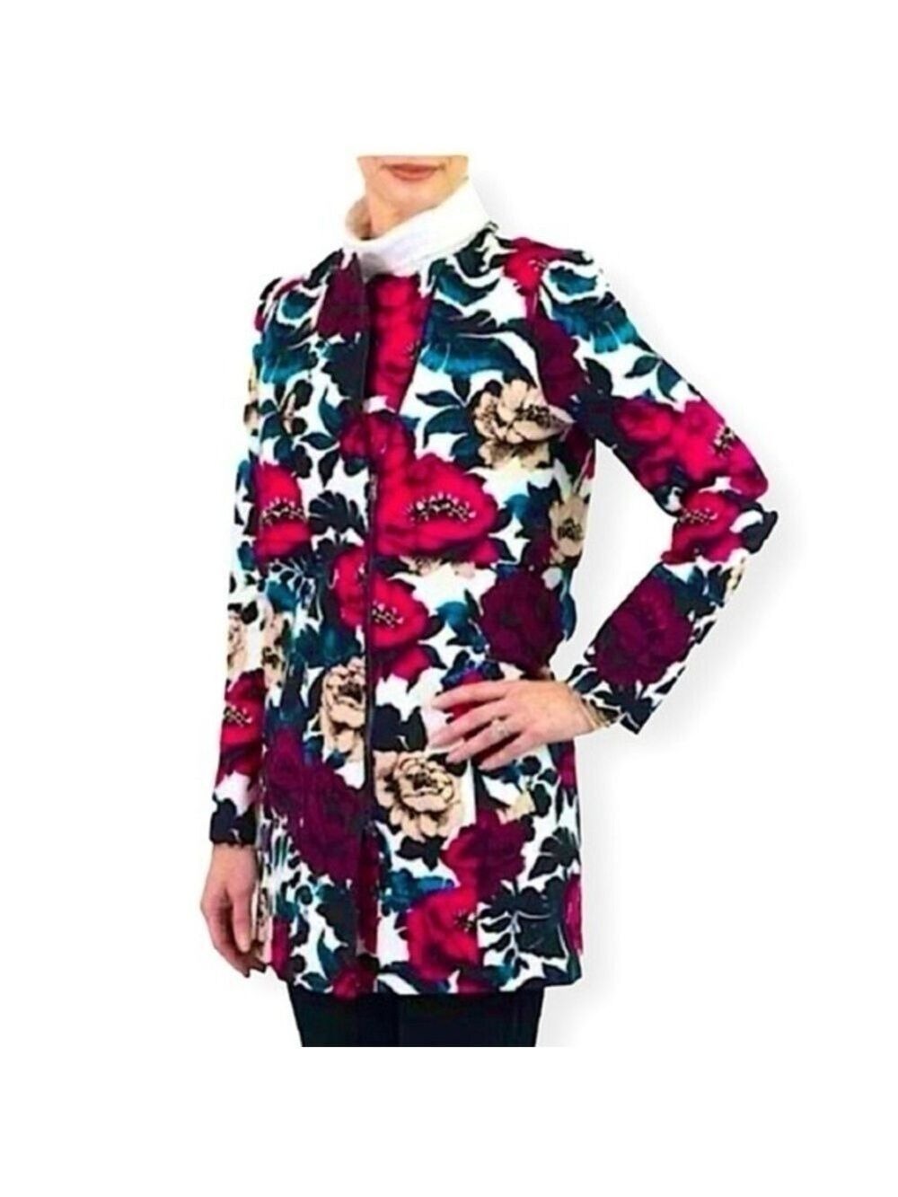 Adrianna Papell Floral Print Trench Style Mid Length Spring Jacket Coat